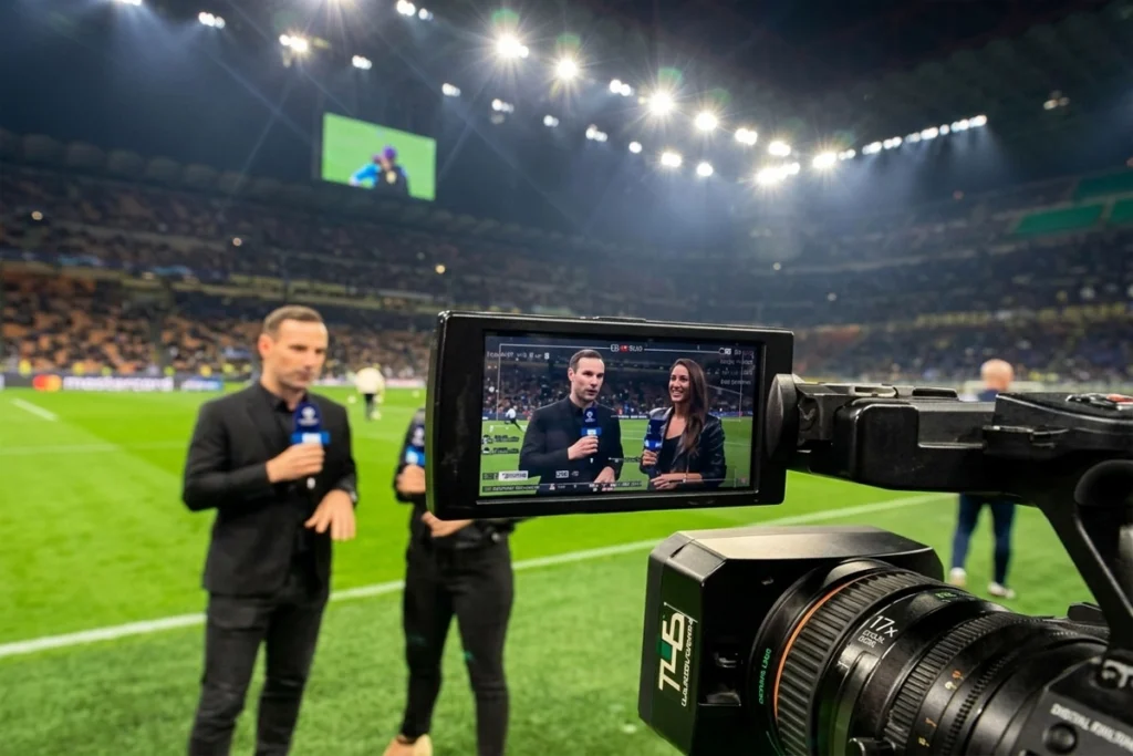 Two sports anchors presenting live football match coverage.