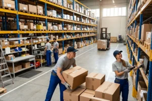 Two warehouse workers checking and organizing boxes in the proper storage location.