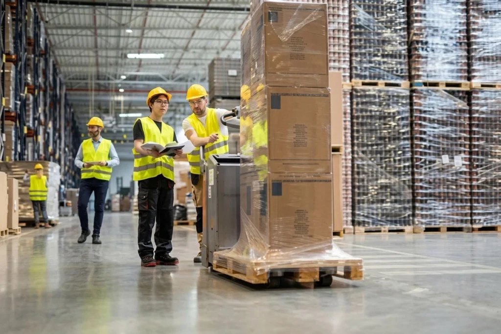 Two workers wearing hard hats and safety vests, with one operating a stopped forklift while talking to the other.