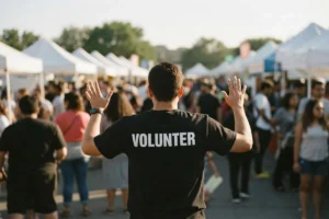 Man wearing a black shirt with the word "Volunteer" printed on the back.