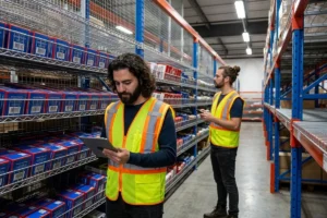 Warehouse staff counting inventory and checking stock.