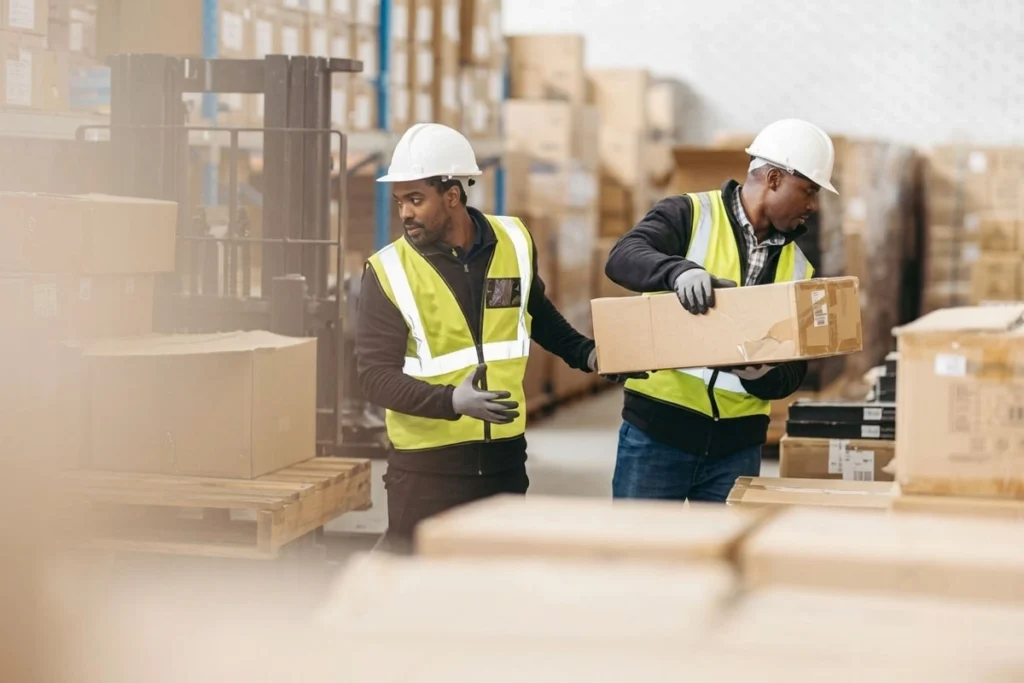 Warehouse worker loading products onto a forklift.