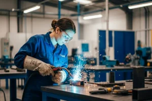 Woman welder welding metal at a construction site.