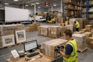Warehouse worker checking product labels on shipping boxes