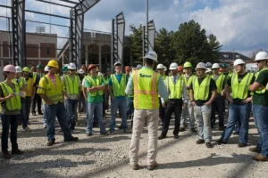Construction workers listening to their supervisor during a site briefing.